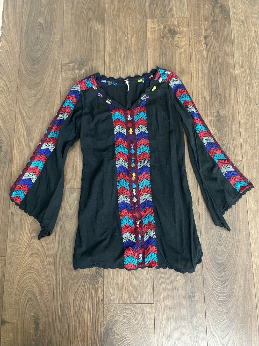 Free People Black Mini Dress with Red, Turquoise & Purple Chevron Trim